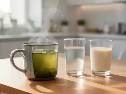 Nahaufnahme von grünem Tee, Wasser und Sojamilch am Morgen, die Nierengesundheit und Hydratation symbolisieren. - Foto: über boerse-global.de