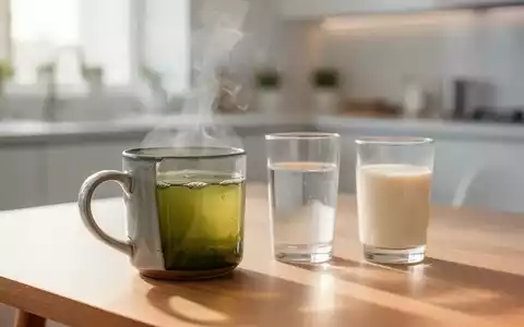 Nahaufnahme von grĂŒnem Tee, Wasser und Sojamilch am Morgen, die Nierengesundheit und Hydratation symbolisieren. - Foto: ĂŒber boerse-global.de