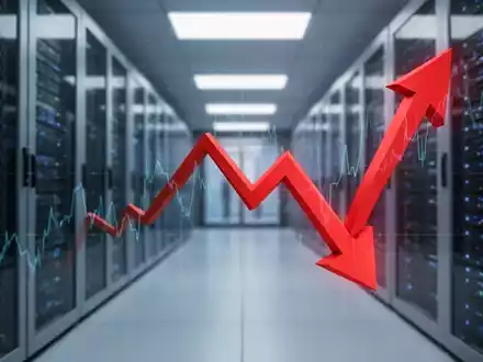 Eine stilisierte Grafik zeigt einen starken Rückgang des Aktienkurses mit einem roten Pfeil nach unten vor einem Rechenzentrum. - Foto: über boerse-global.de