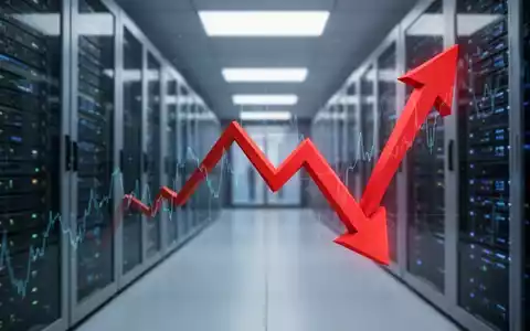 Eine stilisierte Grafik zeigt einen starken Rückgang des Aktienkurses mit einem roten Pfeil nach unten vor einem Rechenzentrum. - Foto: über boerse-global.de