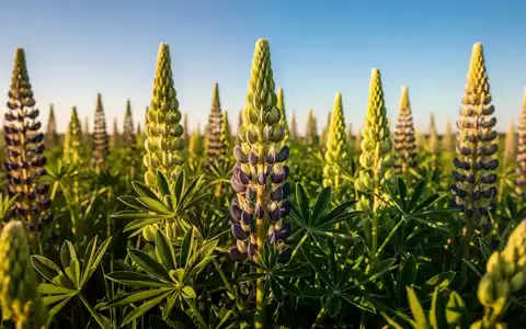 Nahaufnahme eines Feldes mit blühenden Lupinenpflanzen unter einem klaren Himmel, die als nachhaltige Proteinquelle dienen. - Foto: über boerse-global.de