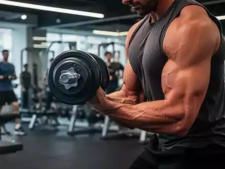 Eine Person macht einen Bizeps-Curl mit einer Hantel in einem modernen Fitnessstudio, der Muskeln und Kraft zeigt. - Foto: über boerse-global.de