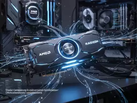 A glowing AMD Radeon GPU connected to a PC, with digital data streams representing shader optimization and gaming performance. - Foto: über boerse-global.de
