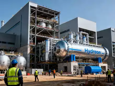 Eine große, moderne Industrieanlage im Bau, die zukünftige Wasserstoff-Elektrolyseure und Lagertanks zeigt. - Foto: über boerse-global.de