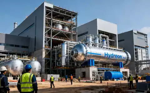 Eine große, moderne Industrieanlage im Bau, die zukünftige Wasserstoff-Elektrolyseure und Lagertanks zeigt. - Foto: über boerse-global.de