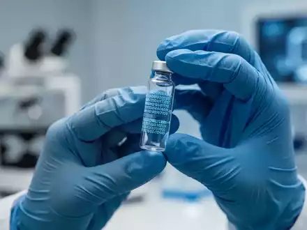 Nahaufnahme der Hände eines Wissenschaftlers in blauen Handschuhen, die eine Glasphiole in einem sterilen Labor halten. - Foto: über boerse-global.de