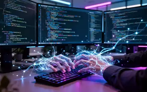 A close-up of hands typing on a keyboard, with glowing lines of code and a neural network graphic overlaid on the screen. - Foto: über boerse-global.de