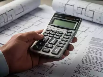 Nahaufnahme einer Hand, die einen Taschenrechner hält, mit unscharfem Hintergrund aus Bauplänen und Dokumenten. - Foto: über boerse-global.de