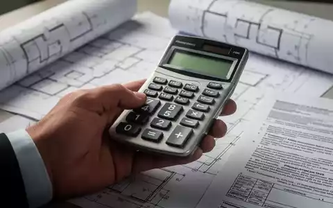 Nahaufnahme einer Hand, die einen Taschenrechner hält, mit unscharfem Hintergrund aus Bauplänen und Dokumenten. - Foto: über boerse-global.de