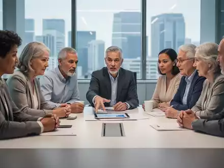 Mehrere Generationen einer Familie beraten sich an einem Konferenztisch, was den Übergang in einem Familienunternehmen symbolisiert. - Foto: über boerse-global.de