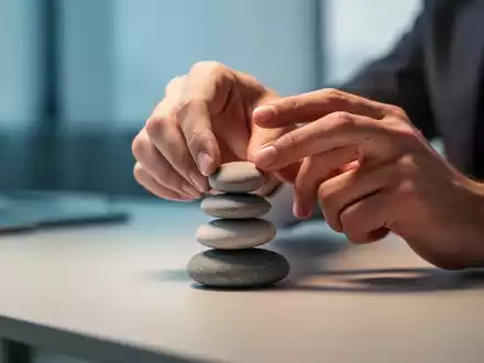 Hände stapeln kleine, glatte Steine präzise aufeinander, symbolisierend Gewohnheitsbildung und mentale Stärke in einem ruhigen Umfeld. - Foto: über boerse-global.de