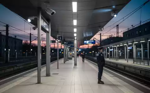 Ein sauberer, moderner Bahnhofsteig bei Dämmerung mit Sicherheitskameras und einem Polizisten im Hintergrund, der Sicherheit symbolisiert. - Foto: über boerse-global.de
