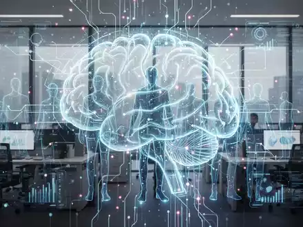Eine futuristische Darstellung der Integration von KI in Unternehmen, mit einem leuchtenden Gehirnnetzwerk und digitalen Datenströmen über Menschen. Fokus auf die Transformation der Arbeitswelt durch Technologie. - Foto: über boerse-global.de