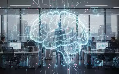 Eine futuristische Darstellung der Integration von KI in Unternehmen, mit einem leuchtenden Gehirnnetzwerk und digitalen Datenströmen über Menschen. Fokus auf die Transformation der Arbeitswelt durch Technologie. - Foto: über boerse-global.de