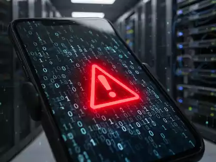 Smartphone screen showing binary code and a red warning symbol, with a blurred data center in the background. - Foto: über boerse-global.de