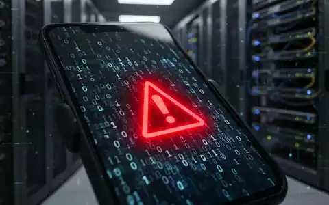 Smartphone screen showing binary code and a red warning symbol, with a blurred data center in the background. - Foto: über boerse-global.de