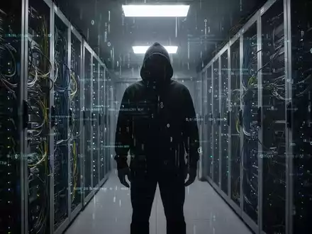 A shadowy figure in a server room, surrounded by glowing server racks and digital data streams, symbolizing a hidden cyber intrusion. - Foto: über boerse-global.de