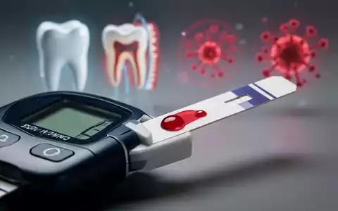 Ein Blutzuckermessgerät mit einem Blutstropfen auf einem Teststreifen, im Hintergrund verschwommen Symbole für Zahngesundheit und Infektionen. - Foto: über boerse-global.de