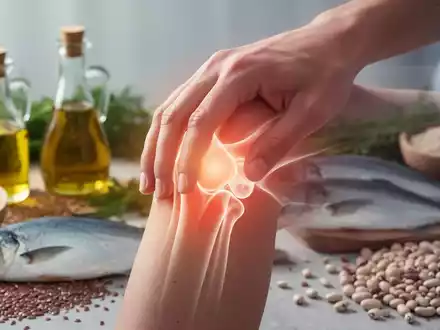 Eine Hand berührt sanft ein Kniegelenk, umgeben von einem milden Schein. Im Hintergrund sind gesunde Lebensmittel verschwommen dargestellt. - Foto: über boerse-global.de