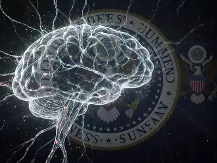 A digital representation of an AI model's glowing neural network fading into darkness, symbolizing a shutdown. A US government seal is in the background. - Foto: über boerse-global.de
