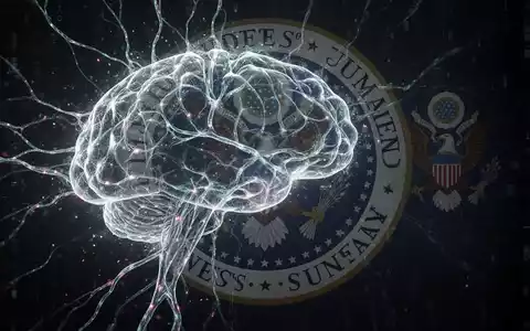 A digital representation of an AI model's glowing neural network fading into darkness, symbolizing a shutdown. A US government seal is in the background. - Foto: über boerse-global.de