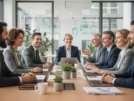 Eine Gruppe von Fachleuten bespricht betriebliches Gesundheitsmanagement, symbolisiert durch eine positive Arbeitsumgebung. - Foto: über boerse-global.de