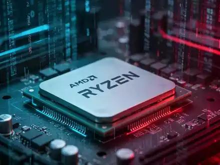 A close-up of an AMD Ryzen CPU on a motherboard, glowing with blue and red light, symbolizing advanced technology and market dominance. - Foto: über boerse-global.de