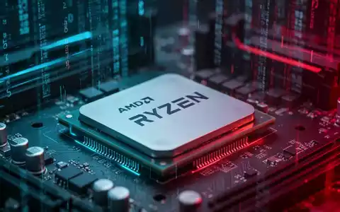 A close-up of an AMD Ryzen CPU on a motherboard, glowing with blue and red light, symbolizing advanced technology and market dominance. - Foto: über boerse-global.de