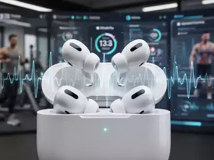 Apple AirPods Pro 3 earbuds in their charging case, with a subtle digital heart rate graphic, symbolizing health tech integration. - Foto: über boerse-global.de