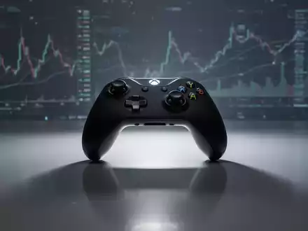 An Xbox controller sits on a reflective surface, with blurred financial charts and data in the background, symbolizing strategic business decisions for the gaming division. - Foto: über boerse-global.de