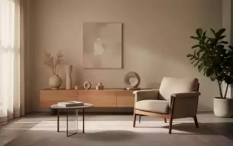 Ein minimalistisches Wohnzimmer mit sanftem Licht und warmen Farbtönen, das Ruhe und Ordnung ausstrahlt. - Foto: über boerse-global.de