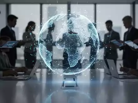 Ein stilisierter, leuchtender Globus aus digitalen Datenpunkten schwebt über einem Konferenztisch mit verschwommenen Geschäftsleuten im Hintergrund. - Foto: über boerse-global.de