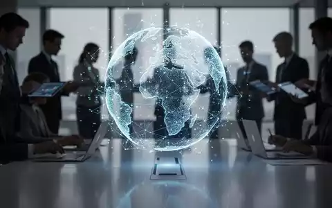 Ein stilisierter, leuchtender Globus aus digitalen Datenpunkten schwebt über einem Konferenztisch mit verschwommenen Geschäftsleuten im Hintergrund. - Foto: über boerse-global.de