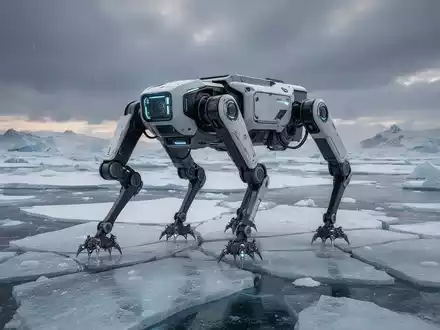 A four-legged robot, resembling a metallic dog, stands on a cracked Arctic ice floe with a dramatic, cloudy sky above. - Foto: über boerse-global.de