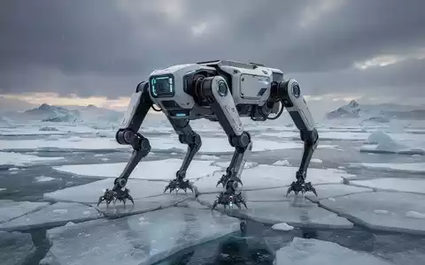 A four-legged robot, resembling a metallic dog, stands on a cracked Arctic ice floe with a dramatic, cloudy sky above. - Foto: über boerse-global.de