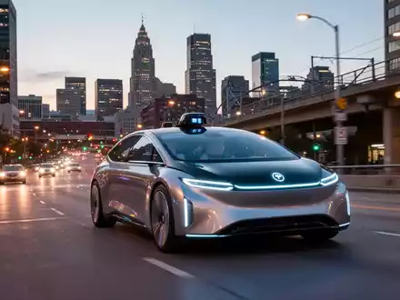 An autonomous vehicle with glowing sensors driving through a Minneapolis cityscape at dusk, highlighting urban infrastructure. - Foto: über boerse-global.de