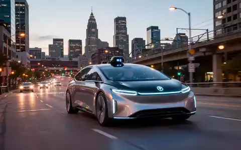 An autonomous vehicle with glowing sensors driving through a Minneapolis cityscape at dusk, highlighting urban infrastructure. - Foto: über boerse-global.de