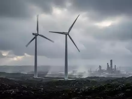 Eine einzelne, moderne Windturbine vor einem dramatischen, bewölkten Himmel, ihre Flügel drehen sich langsam. - Foto: über boerse-global.de