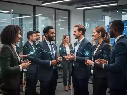 Geschäftsleute vernetzen sich in einem modernen Büro, symbolisiert durch digitale und persönliche Interaktionen. Schwerpunkt auf strategischer Jobsuche. - Foto: über boerse-global.de