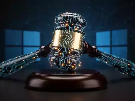 A legal gavel with glowing circuit patterns, representing a lawsuit against a tech company over AI. Dark and professional. - Foto: über boerse-global.de