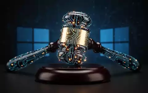 A legal gavel with glowing circuit patterns, representing a lawsuit against a tech company over AI. Dark and professional. - Foto: über boerse-global.de