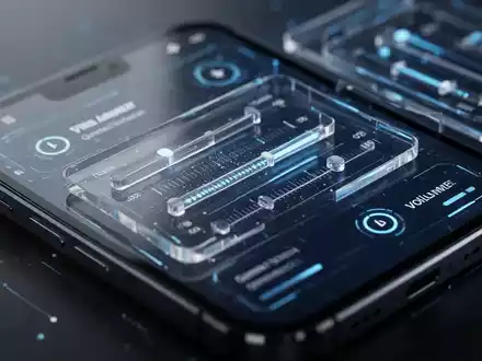 Nahaufnahme eines Smartphones mit einer futuristischen Benutzeroberfläche, die transparente Elemente und separate Lautstärkeregler zeigt. - Foto: über boerse-global.de