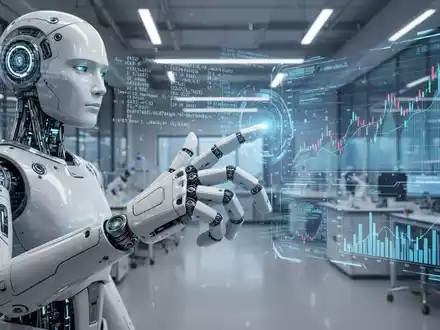 A sophisticated robot hand interacts with a holographic display showing financial data and AI algorithms, symbolizing innovation and investment in robotics. - Foto: über boerse-global.de