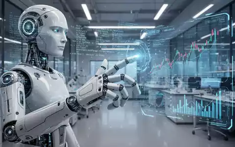 A sophisticated robot hand interacts with a holographic display showing financial data and AI algorithms, symbolizing innovation and investment in robotics. - Foto: über boerse-global.de