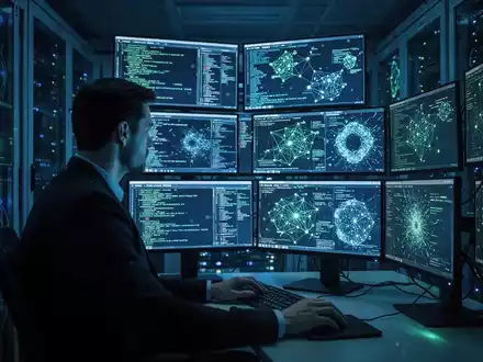 A cybersecurity professional reviews complex digital data on multiple screens in a dark, high-tech server room. - Foto: über boerse-global.de