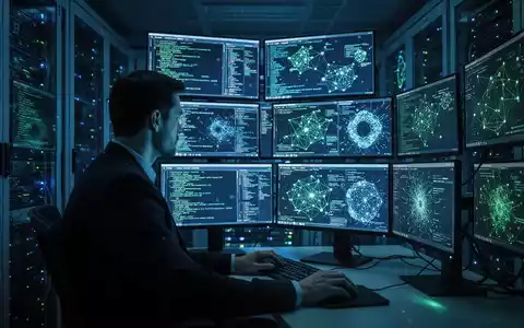 A cybersecurity professional reviews complex digital data on multiple screens in a dark, high-tech server room. - Foto: über boerse-global.de