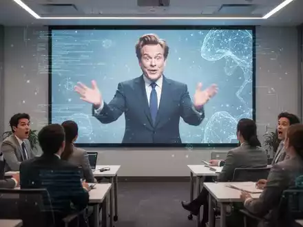 Conan O'Brien on a screen in a corporate training, teaching employees about AI scams. - Foto: über boerse-global.de