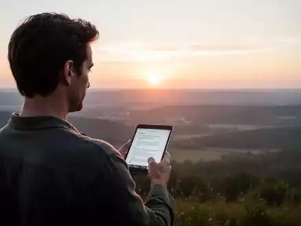 Eine Person blickt bei Sonnenaufgang oder Sonnenuntergang auf eine weite, ruhige Landschaft, hält ein Smartphone, konzentriert sich aber auf den Horizont. - Foto: über boerse-global.de