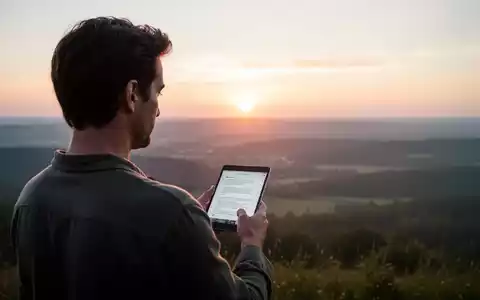 Eine Person blickt bei Sonnenaufgang oder Sonnenuntergang auf eine weite, ruhige Landschaft, hält ein Smartphone, konzentriert sich aber auf den Horizont. - Foto: über boerse-global.de