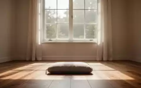 Ein ruhiger, minimalistischer Meditationsraum mit einem Meditationskissen auf dem Boden, beleuchtet von sanftem Tageslicht. - Foto: über boerse-global.de